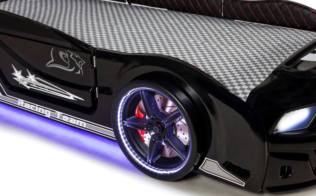 Дитяче ліжко машина Mustang Full Extra Black 190х90 см з підсвічуванням, музикою, шкіряний салон, пультом